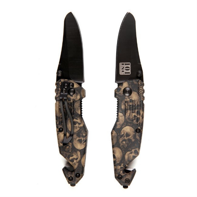 Coltello Serramanico con Rompivetro + Tagliafune Serie Skull Teschi Panna  INC 101 Art.457403